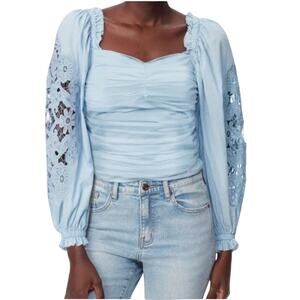 Sam Edelman Stevie Cotton Sweetheart Neck Lace Sleeve Top, Blue, Size Medium